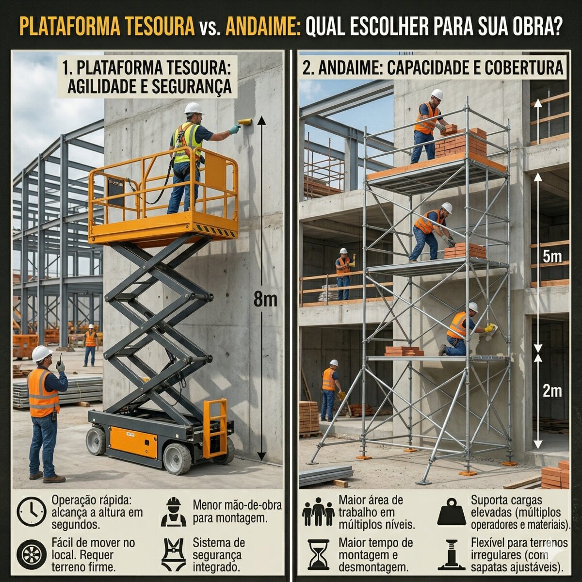 Plataforma tesoura vs. andaime: qual escolher para sua obra?